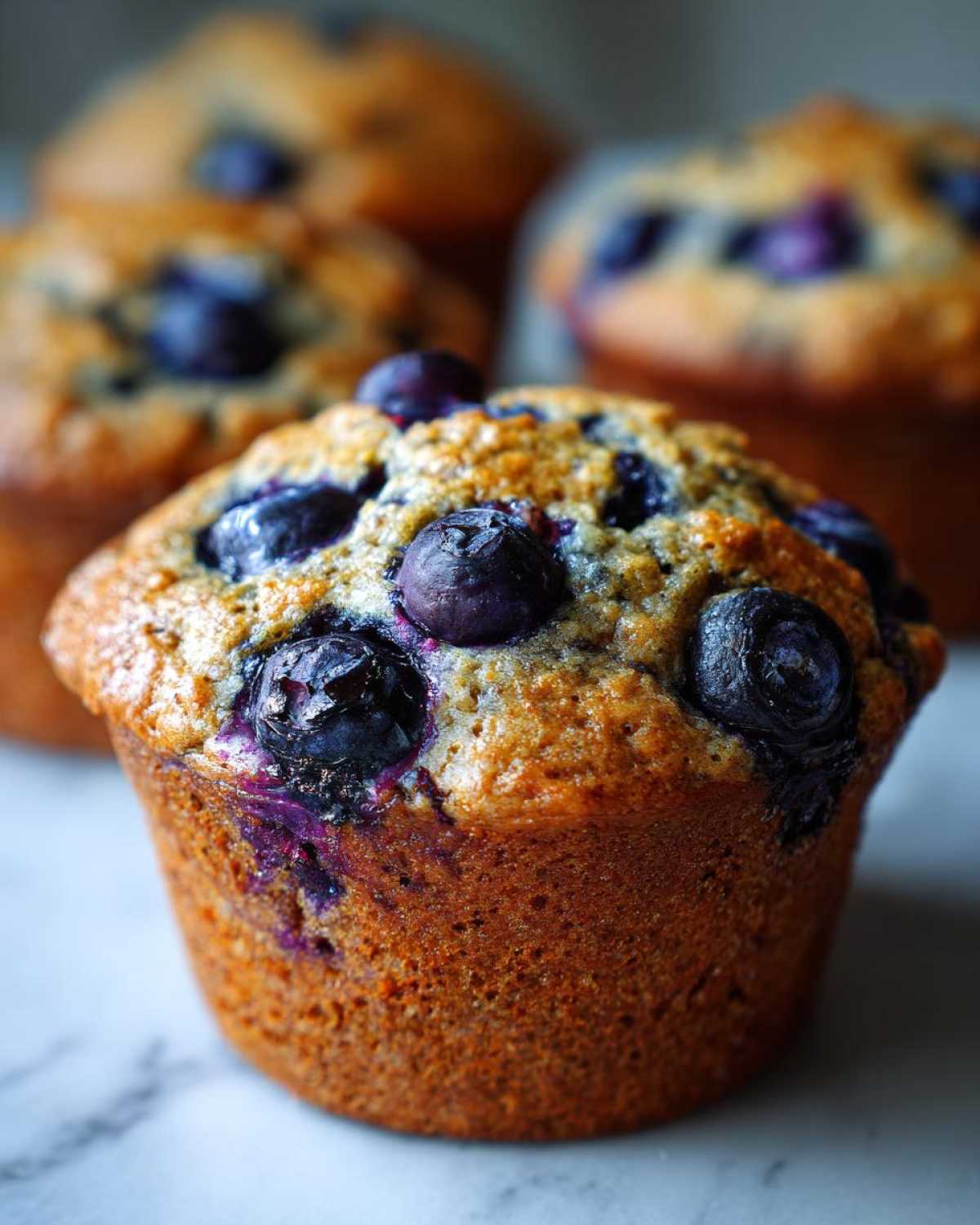 A close-up, macro shot of a freshly baked blueberry protein muffin with a golden-brown top.