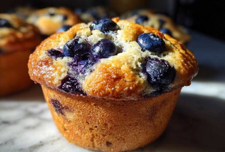 A close-up of a perfectly baked blueberry protein muffin with a golden top and fresh blueberries.