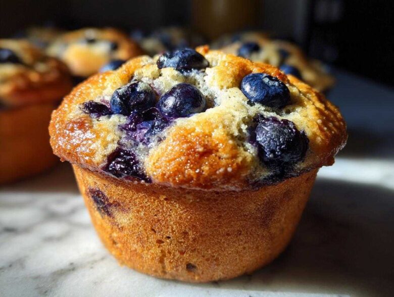 A close-up of a perfectly baked blueberry protein muffin with a golden top and fresh blueberries.