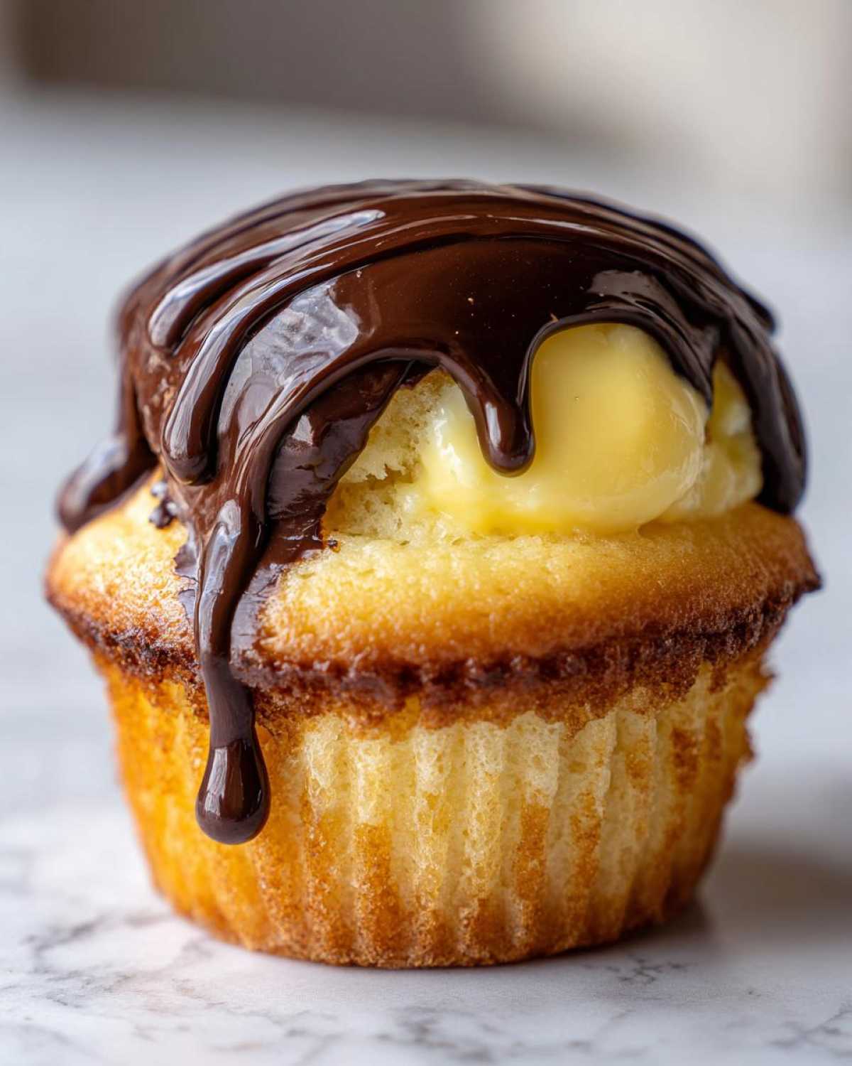 A close-up of a moist boston cream pie cupcake filled with yellow pastry cream and topped with dripping dark chocolate ganache.