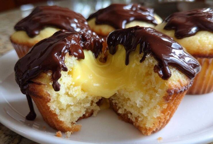 A close-up of a boston cream pie cupcake cut in half, showing rich vanilla cake filled with creamy yellow custard and topped with chocolate ganache.