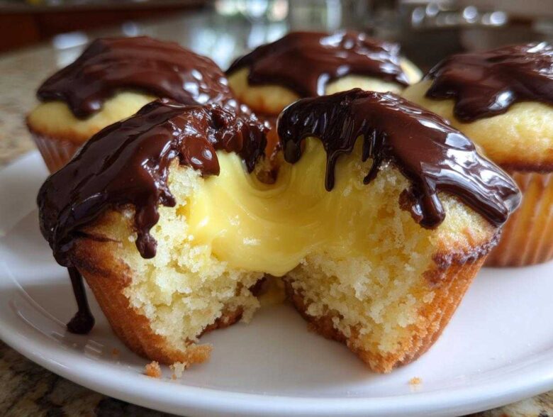 A close-up of a boston cream pie cupcake cut in half, showing rich vanilla cake filled with creamy yellow custard and topped with chocolate ganache.