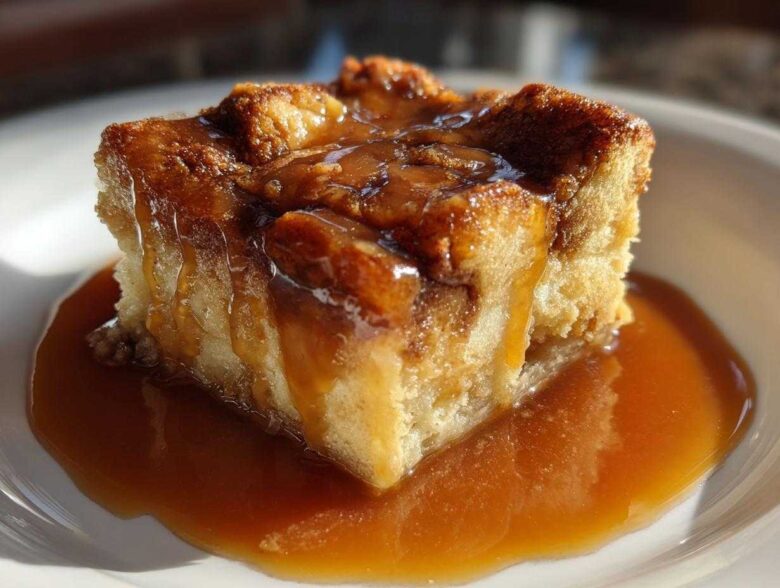 A decadent square of bread pudding with bourbon sauce generously poured over the top and pooling on the white plate.