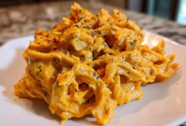 Close-up of penne pasta coated in rich, orange butternut squash pasta sauce and sprinkled with herbs.
