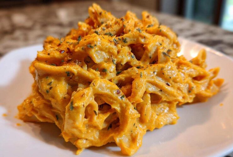 Close-up of penne pasta coated in rich, orange butternut squash pasta sauce and sprinkled with herbs.