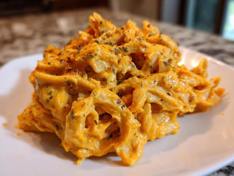 Close-up of penne pasta coated in rich, orange butternut squash pasta sauce and sprinkled with herbs.