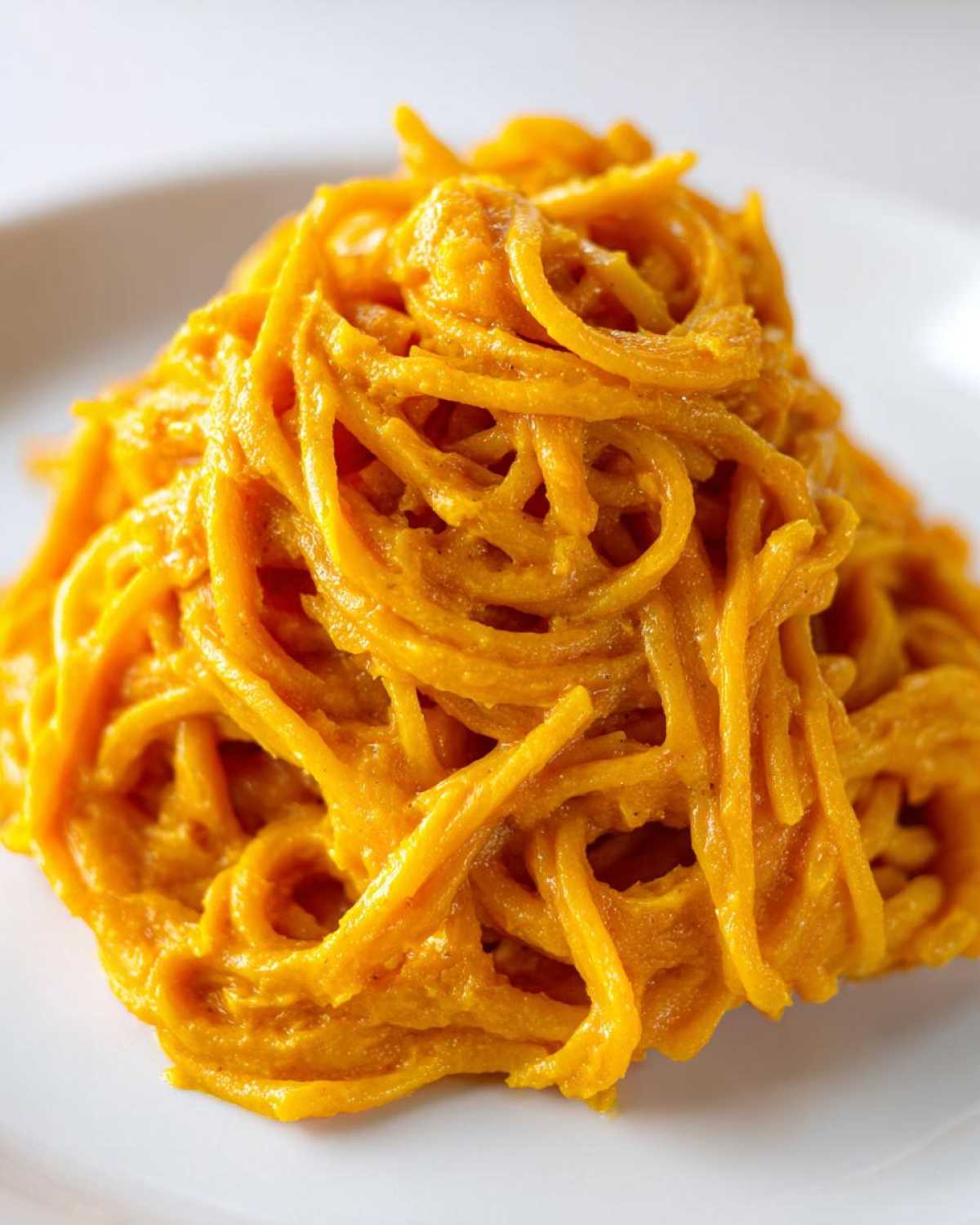 Close-up of spaghetti noodles generously coated in a thick, vibrant orange butternut squash pasta sauce.
