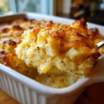 A spoonful of creamy, cheesy baked mashed potatoes being lifted from a white casserole dish.
