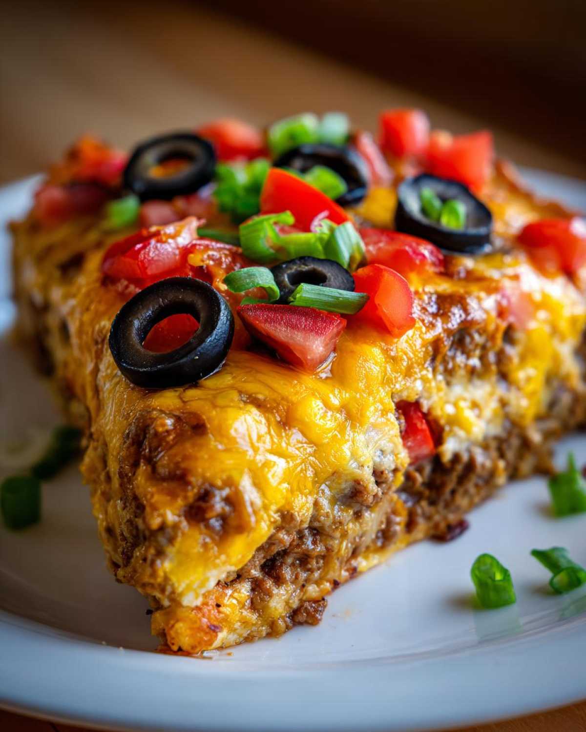 A thick, cheesy slice of mexican pizza topped with melted cheddar, black olives, diced tomatoes, and green onions.