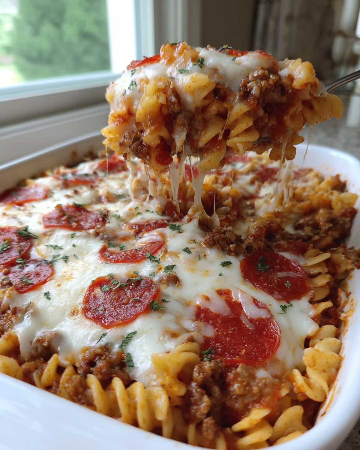 A spoonful of cheesy pizza pasta bake being lifted from a white dish, showing melted mozzarella cheese strings.