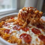 A spoonful of cheesy pizza pasta bake lifted from a white dish, showing melted mozzarella and pepperoni slices.