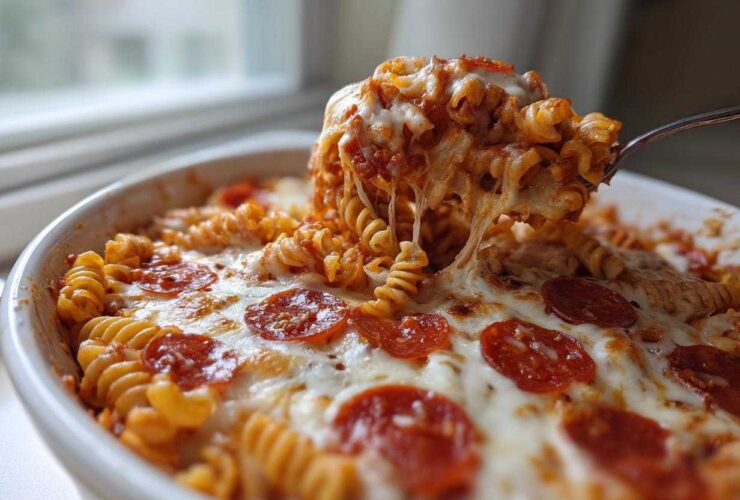 A spoonful of cheesy pizza pasta bake lifted from a white dish, showing melted mozzarella and pepperoni slices.