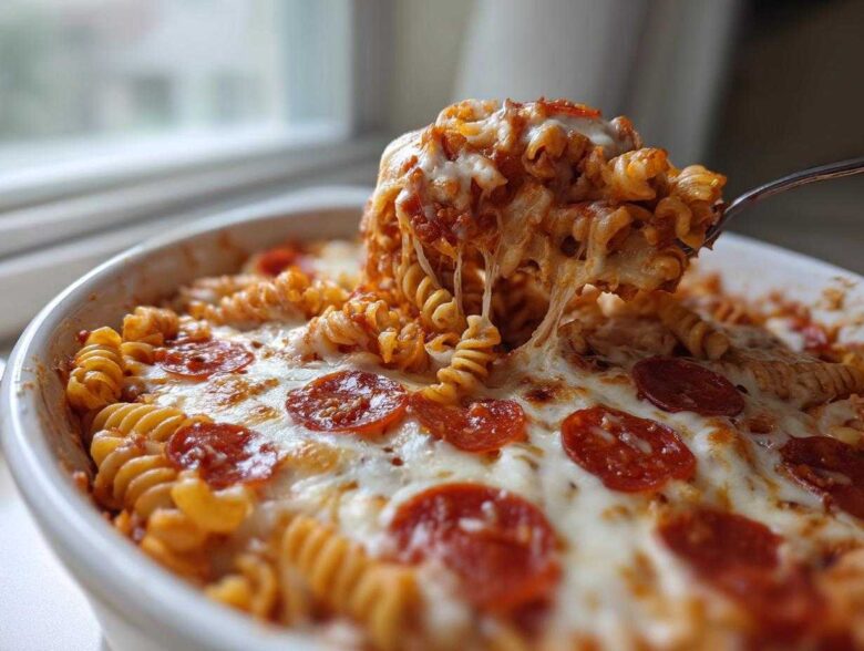 A spoonful of cheesy pizza pasta bake lifted from a white dish, showing melted mozzarella and pepperoni slices.