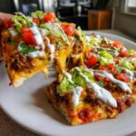 A hand lifts a cheesy slice of taco pizza, showing melted cheese pull, ground beef, lettuce, tomatoes, and sour cream drizzle.