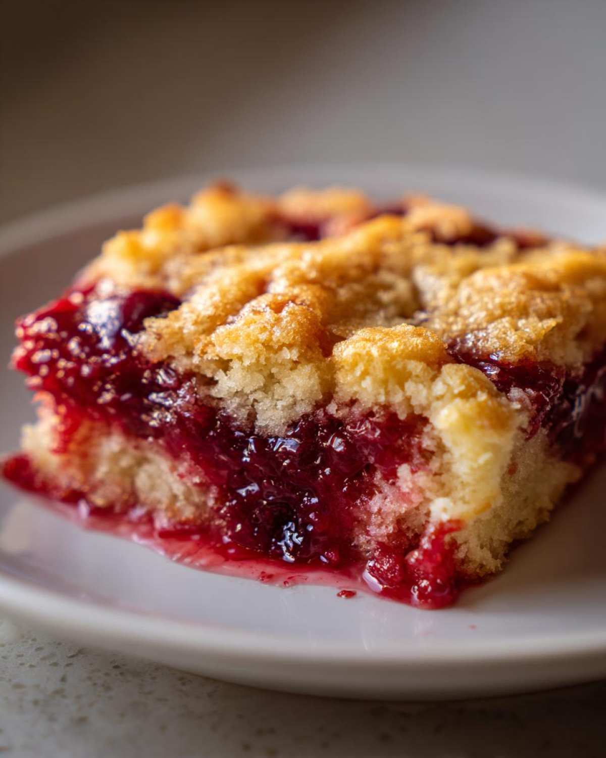 A moist slice of cherry dump cake showing a thick, gooey cherry filling beneath a golden, crumbly topping.