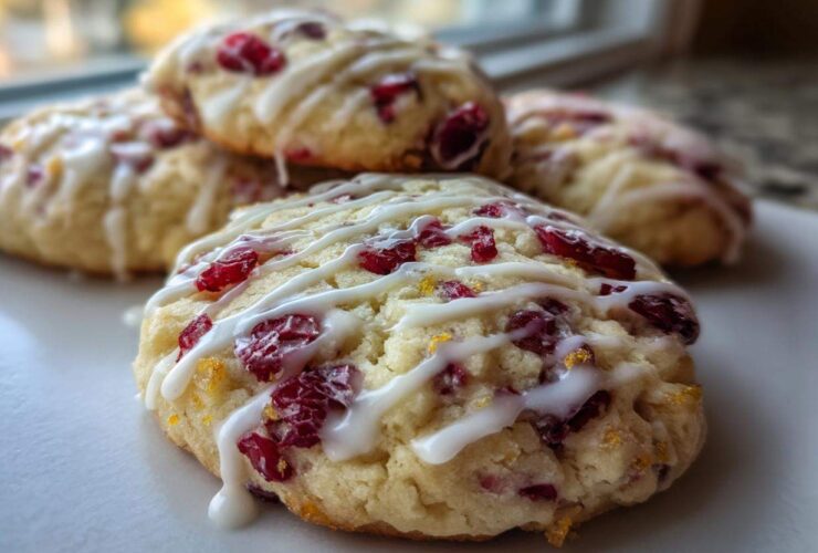 Close-up of chewy cranberry orange cookies topped with white icing drizzle and dried cranberries.