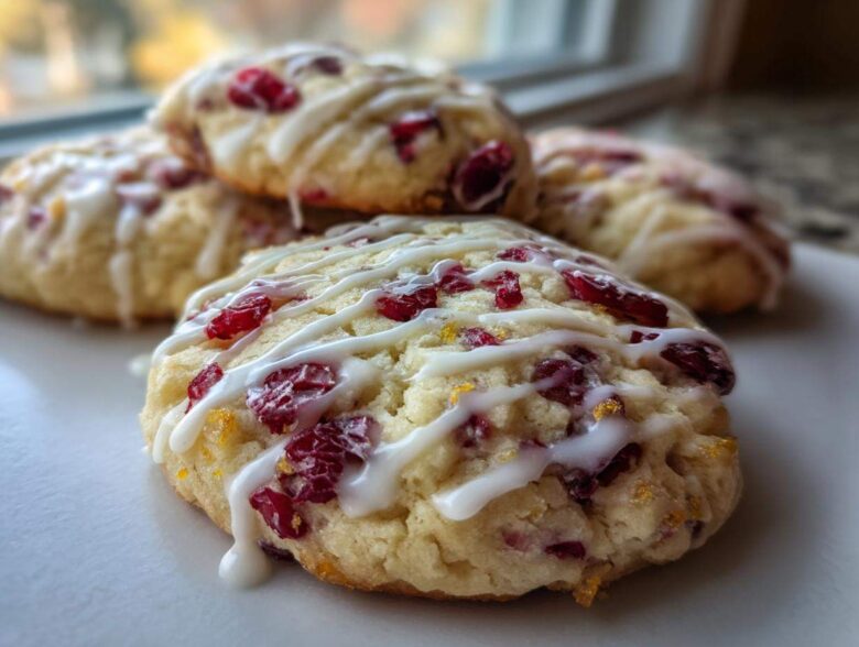 Close-up of chewy cranberry orange cookies topped with white icing drizzle and dried cranberries.