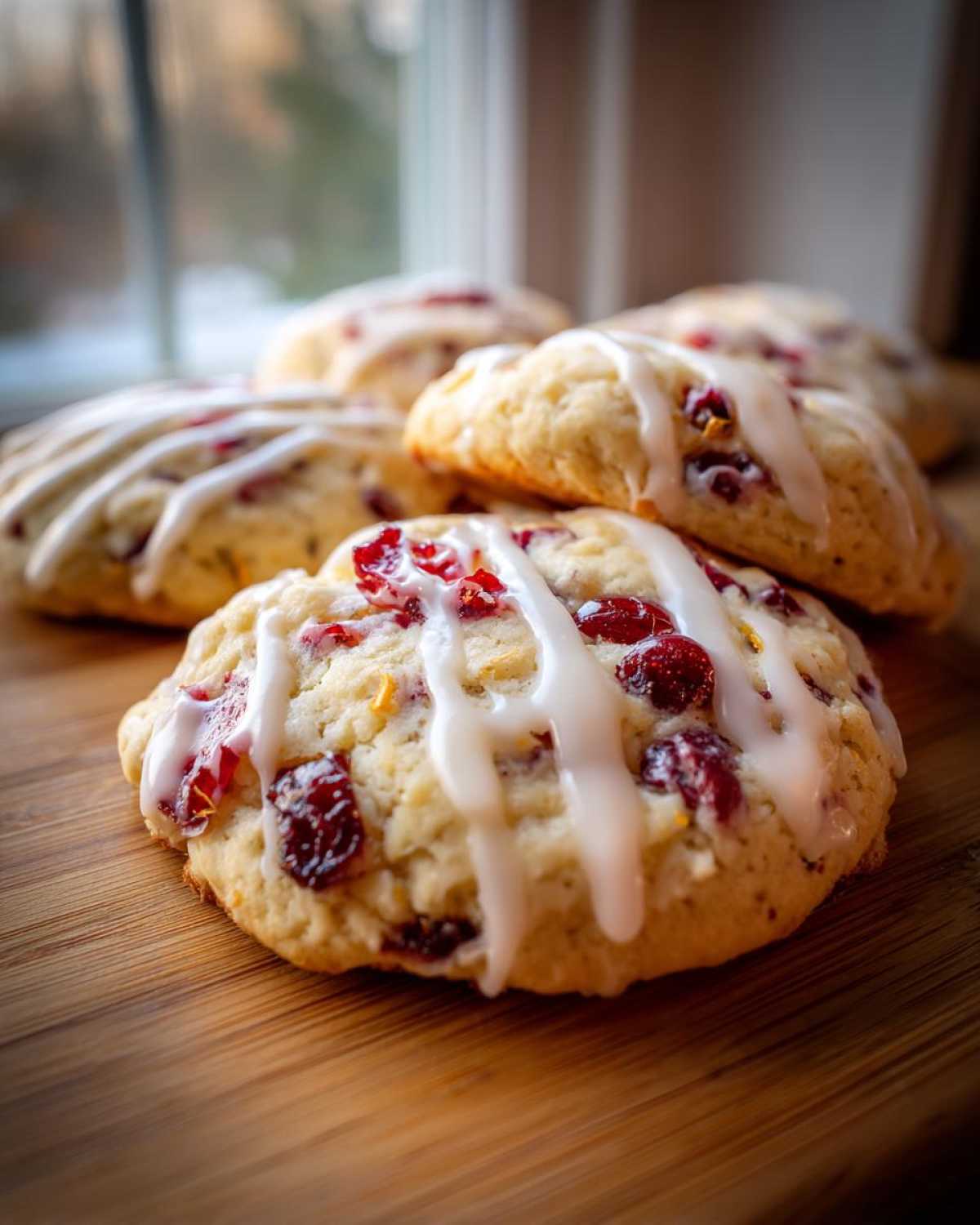 A close-up of several chewy cranberry orange cookies drizzled with white icing on a wooden surface.