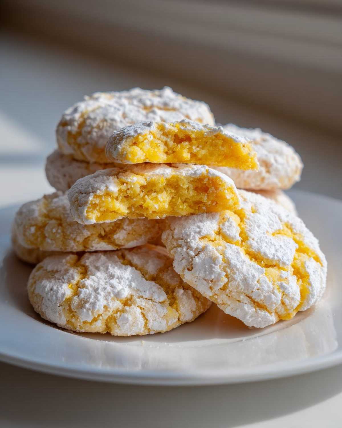 A stack of bright yellow, chewy lemon cookies heavily dusted with powdered sugar, one broken open to show the texture.
