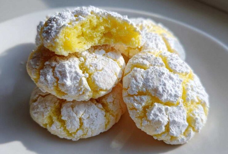 A stack of chewy lemon cookies covered in cracked powdered sugar, showing a soft yellow interior.