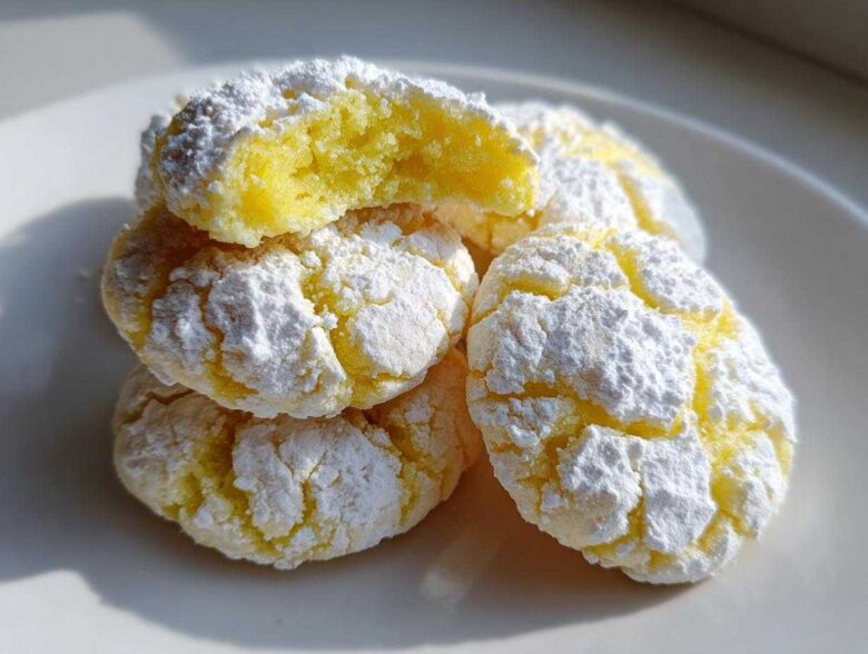 A stack of chewy lemon cookies covered in cracked powdered sugar, showing a soft yellow interior.