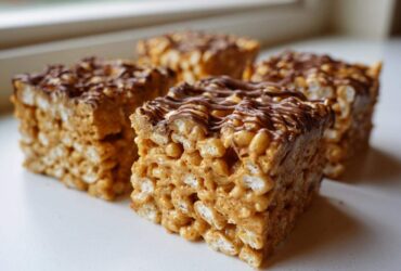 Four thick, chewy peanut butter rice krispie treats topped with a drizzle of melted chocolate.