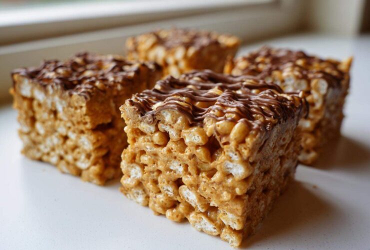 Four thick, chewy peanut butter rice krispie treats topped with a drizzle of melted chocolate.