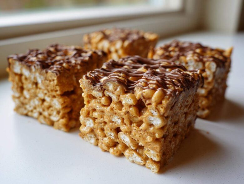 Four thick, chewy peanut butter rice krispie treats topped with a drizzle of melted chocolate.