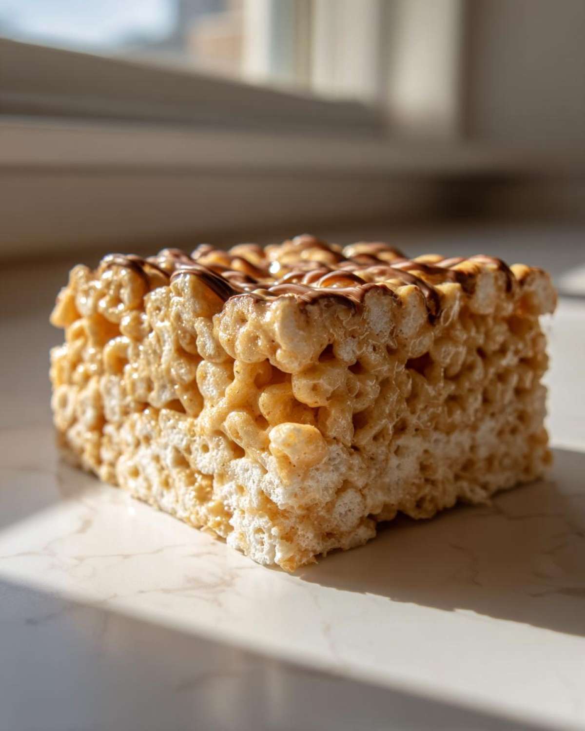 A thick, chewy peanut butter rice krispie treats square drizzled with chocolate, sitting on a marble surface.