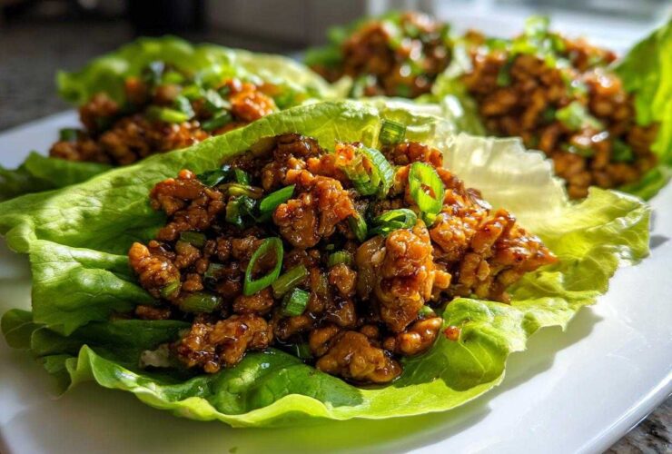 Close-up of savory chicken lettuce wraps filled with ground chicken mixture and topped with green onions.