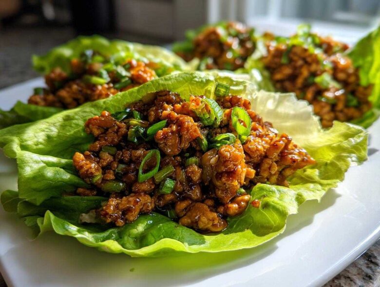 Close-up of savory chicken lettuce wraps filled with ground chicken mixture and topped with green onions.