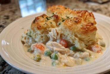 A serving of creamy chicken pot pie casserole topped with golden biscuits and sprinkled with herbs.
