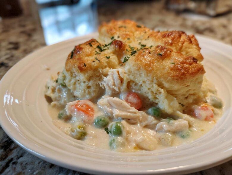 A serving of creamy chicken pot pie casserole topped with golden biscuits and sprinkled with herbs.