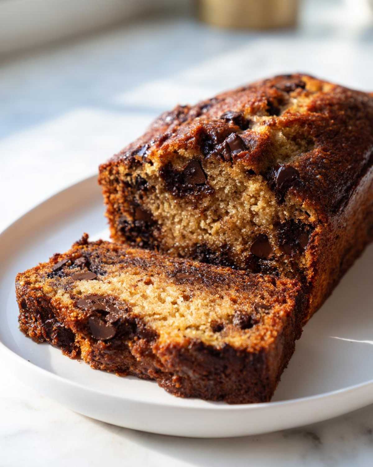 A close-up of two slices of moist vegan banana bread loaded with melted chocolate chips on a white plate.