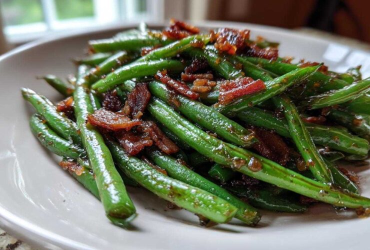 Close-up of vibrant green beans tossed with crispy bacon pieces, ready to serve.
