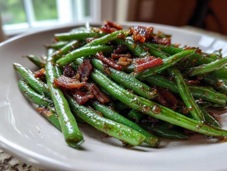 Close-up of vibrant green beans tossed with crispy bacon pieces, ready to serve.