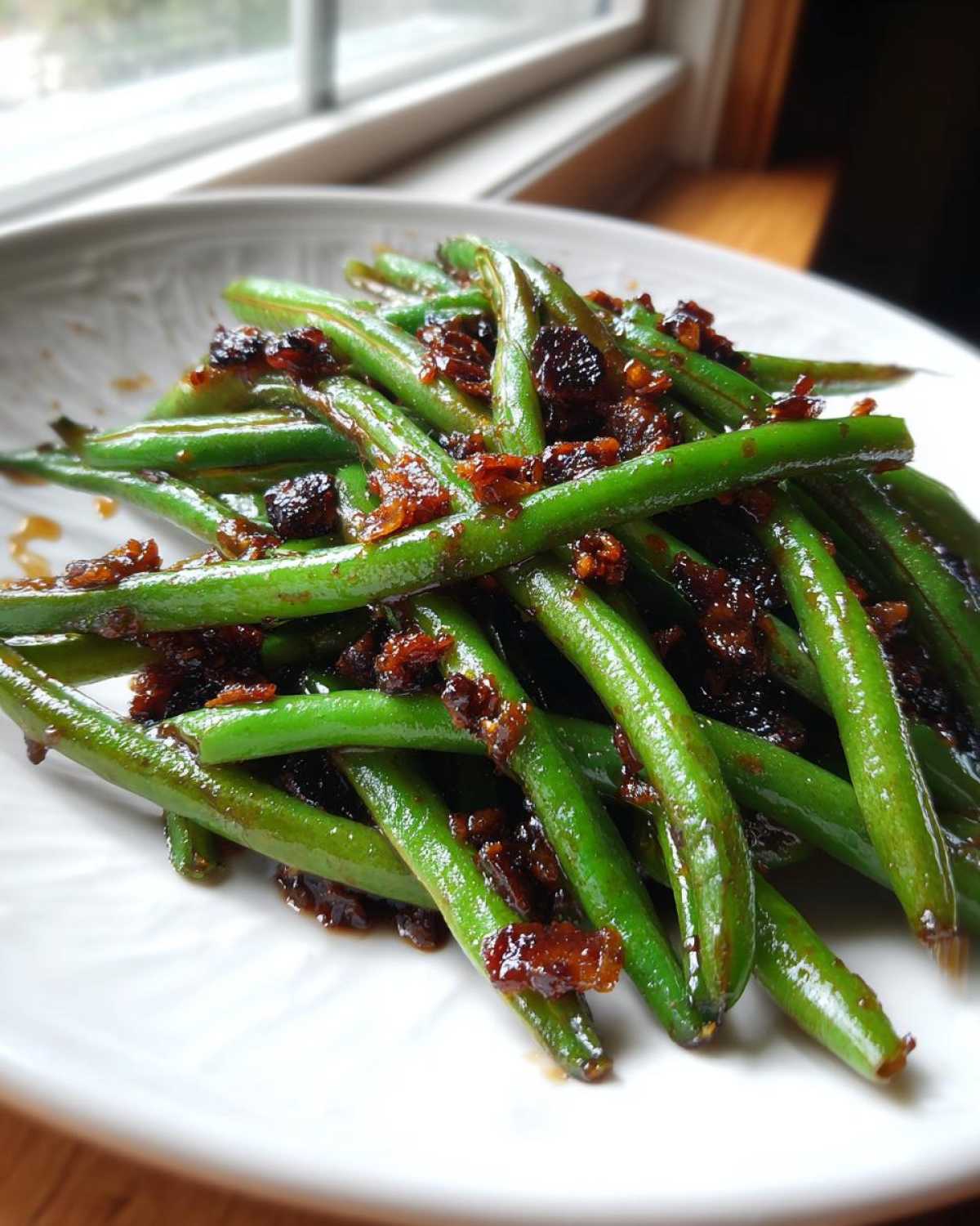 Close-up of bright green beans tossed in a savory glaze and topped with crispy bacon bits.