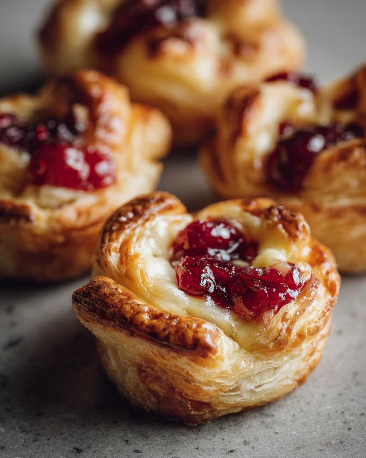 A close-up, shallow depth-of-field shot of baked cranberry brie bites with flaky pastry and bright red jam.