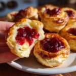 A hand breaking open one of the cranberry brie bites, showing melted brie and bright red cranberry topping.
