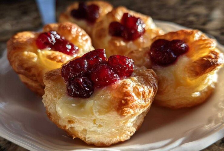 Close-up of golden, flaky pastry cups filled with melted brie and topped with jewel-toned cranberry sauce, showcasing perfect cranberry brie bites.