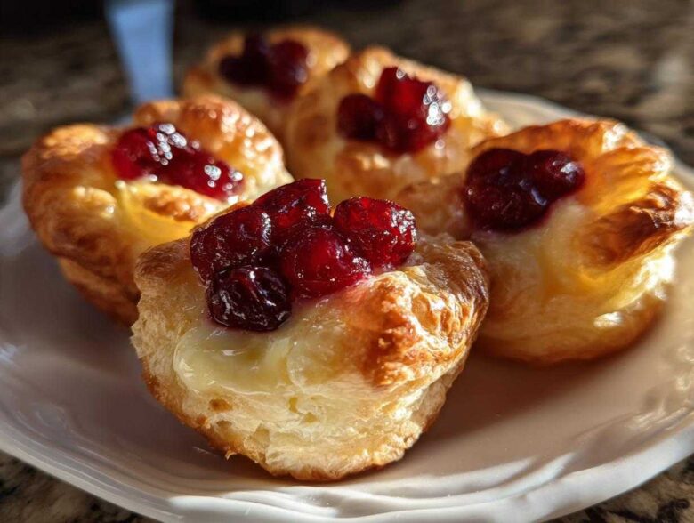 Close-up of golden, flaky pastry cups filled with melted brie and topped with jewel-toned cranberry sauce, showcasing perfect cranberry brie bites.