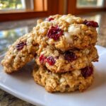 A stack of four chewy cranberry oatmeal cookies dotted with white chocolate chips, resting on a white plate.