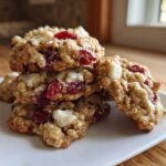 A stack of three delicious cranberry oatmeal cookies featuring visible dried cranberries and white chocolate chips.