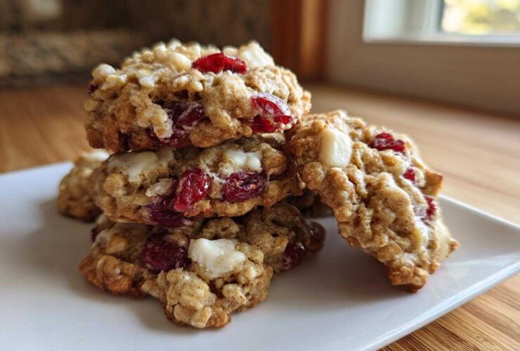 A stack of three delicious cranberry oatmeal cookies featuring visible dried cranberries and white chocolate chips.