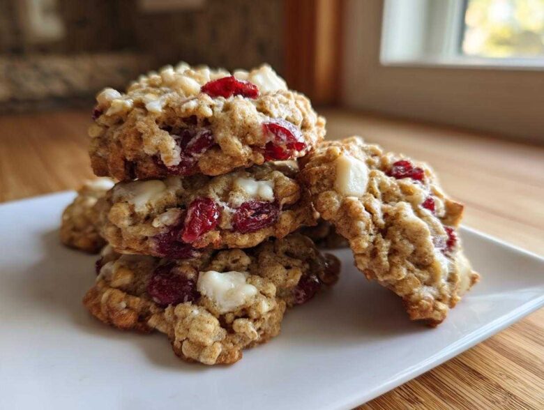 A stack of three delicious cranberry oatmeal cookies featuring visible dried cranberries and white chocolate chips.