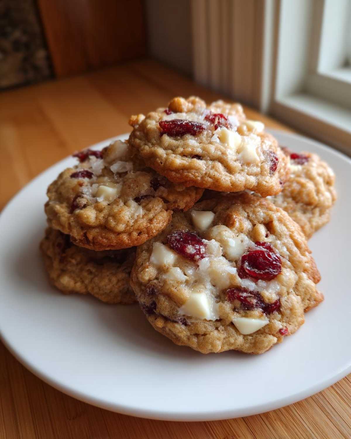A stack of freshly baked cranberry oatmeal cookies featuring white chocolate chips, resting on a white plate.