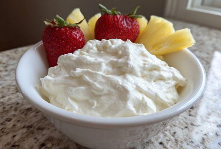 A white bowl filled with creamy fruit dip, garnished with fresh strawberries and pineapple slices.