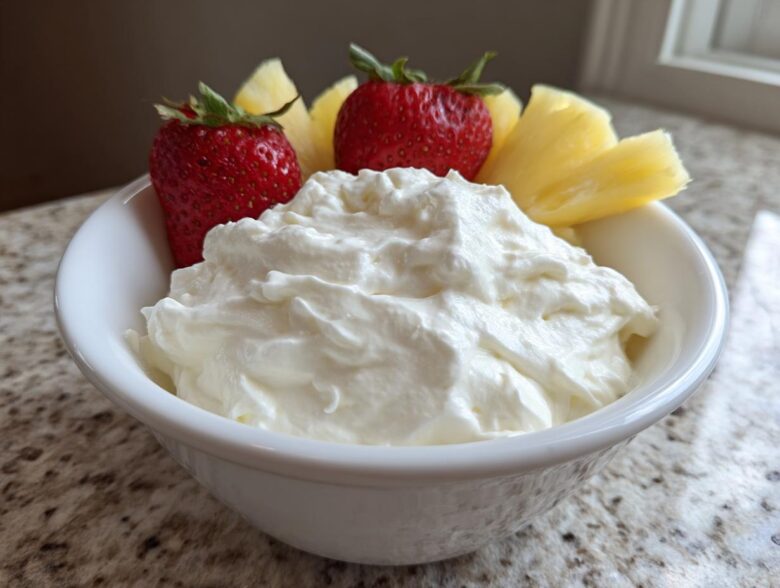 A white bowl filled with creamy fruit dip, garnished with fresh strawberries and pineapple slices.