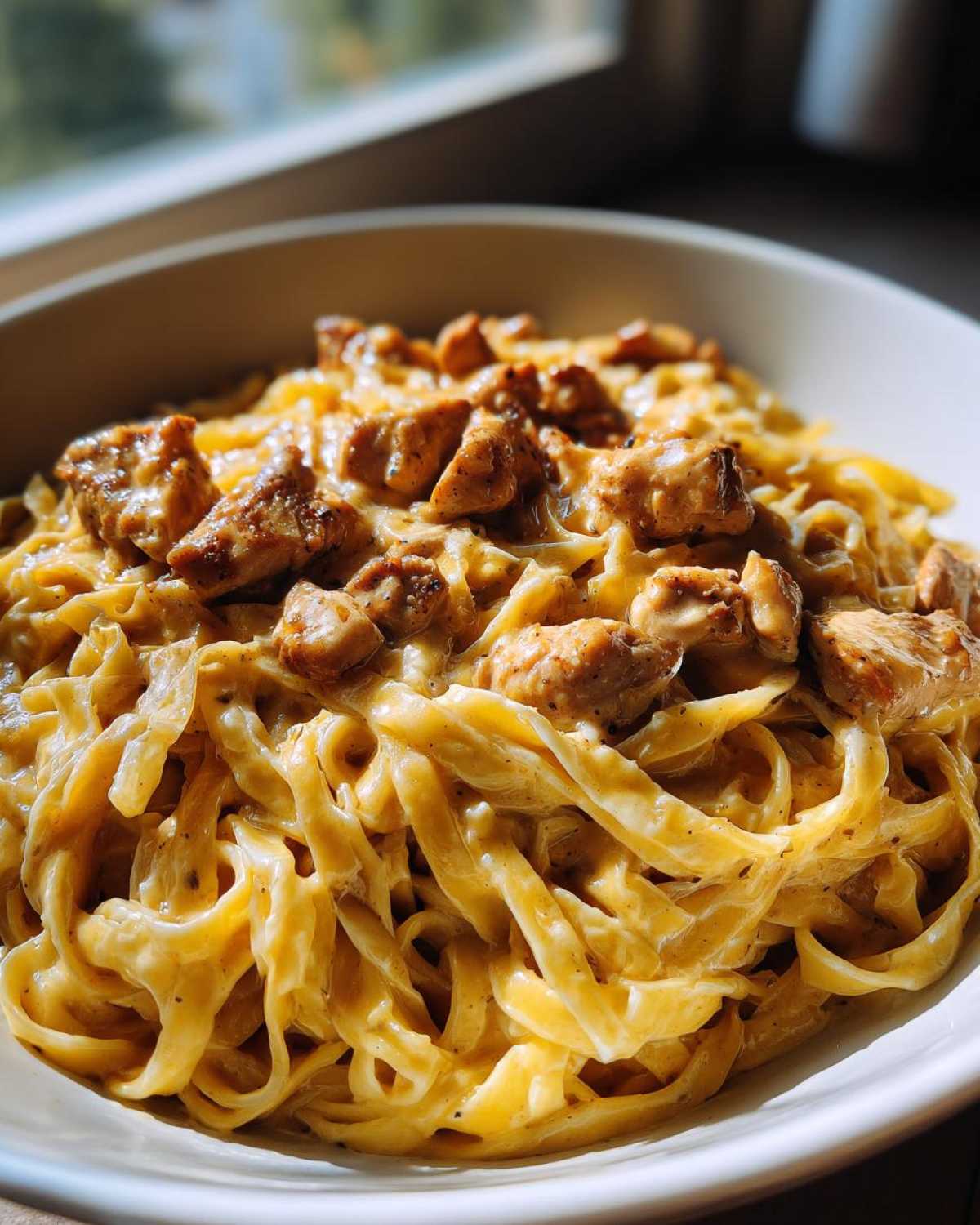 A close-up view of creamy fettuccine chicken pasta topped with seasoned, diced chicken pieces in a white bowl.