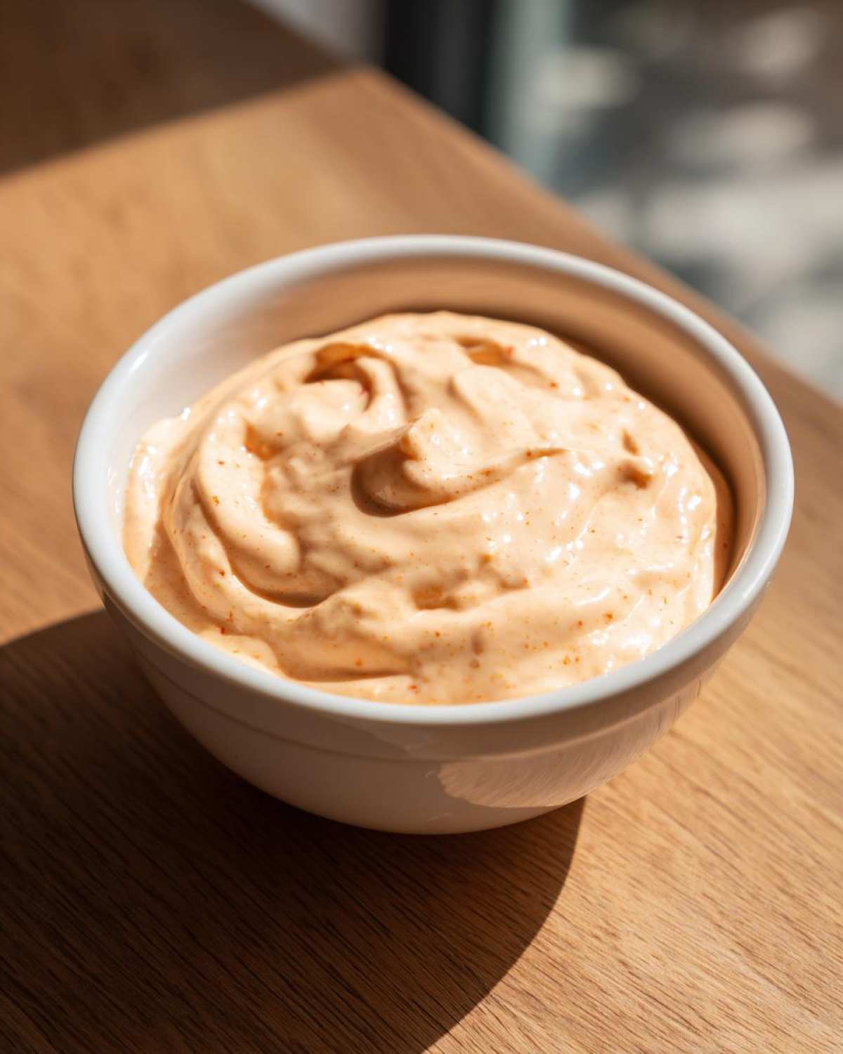 A close-up of creamy, orange-hued big mac sauce swirled in a small white bowl on a wooden surface.